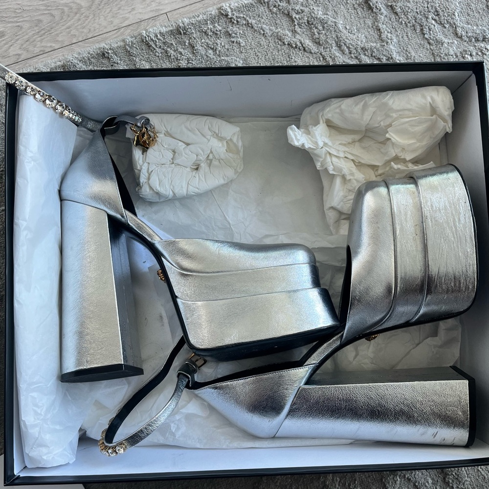 Versace Silver Platform Heels With Rhinestone Det… - image 3